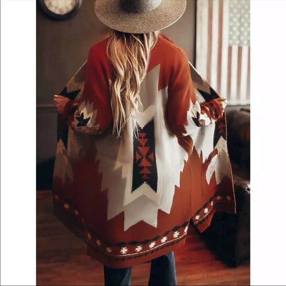 Boho print knit cardigan sweater long pockets - Picture 3 of 5